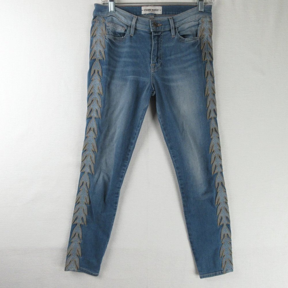 Etienne Marcel Light Blue Wash Flame Stitch Skinny Jeans Size 29